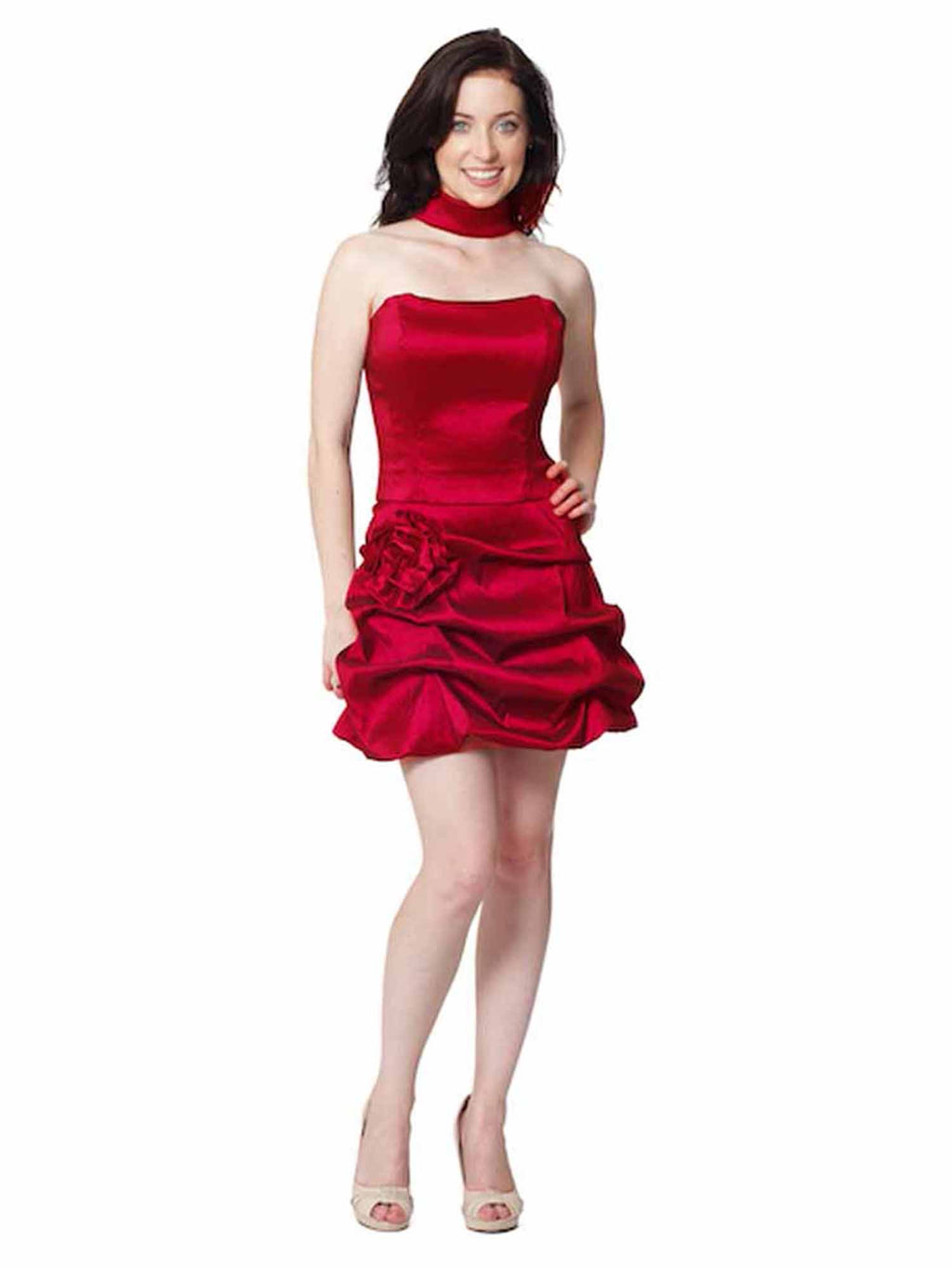 Red Strapless Structured Gathered Bottom Cocktail Dress