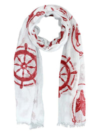 Red & White Nautical Anchor & Starfish Print Lightweight Scarf