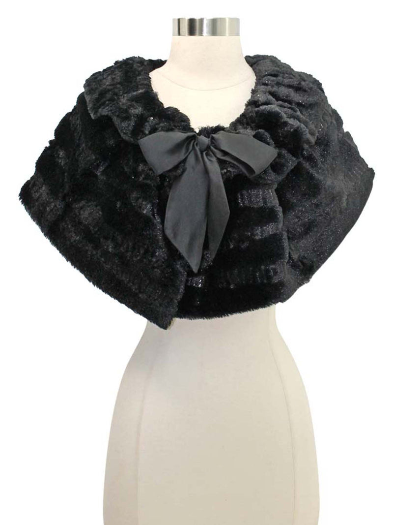 Plush Faux Fur Sequin Caplet With Satin Bow
