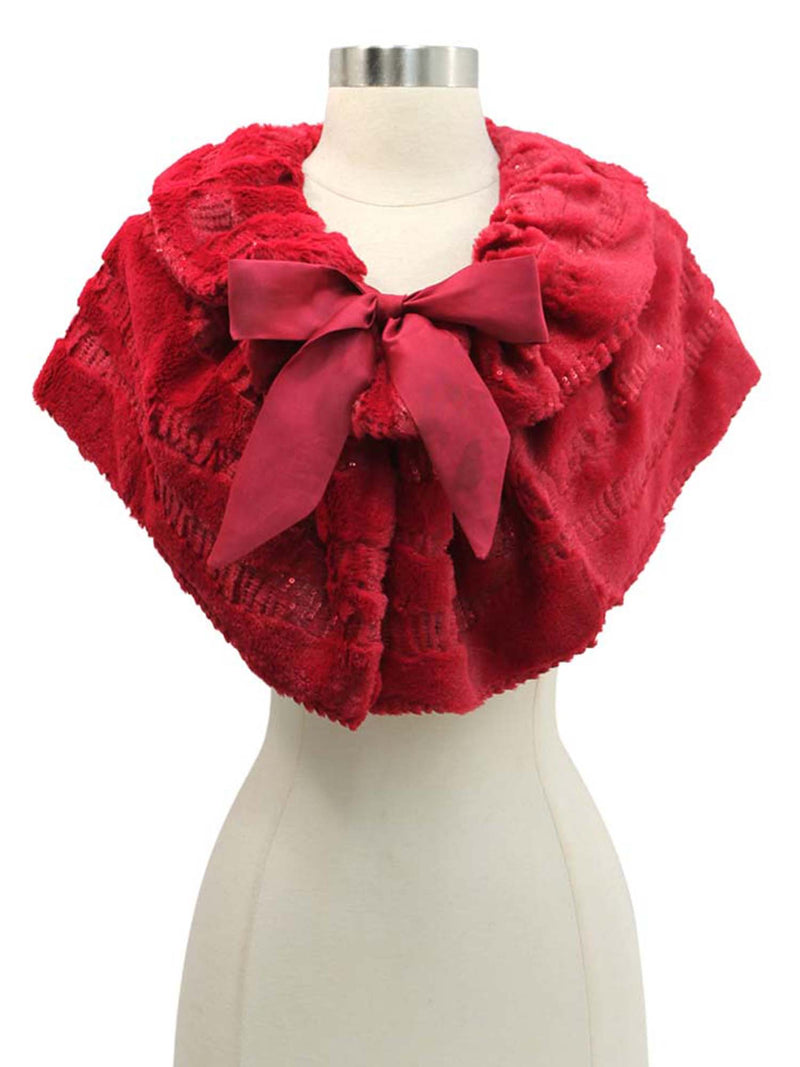 Plush Faux Fur Sequin Caplet With Satin Bow