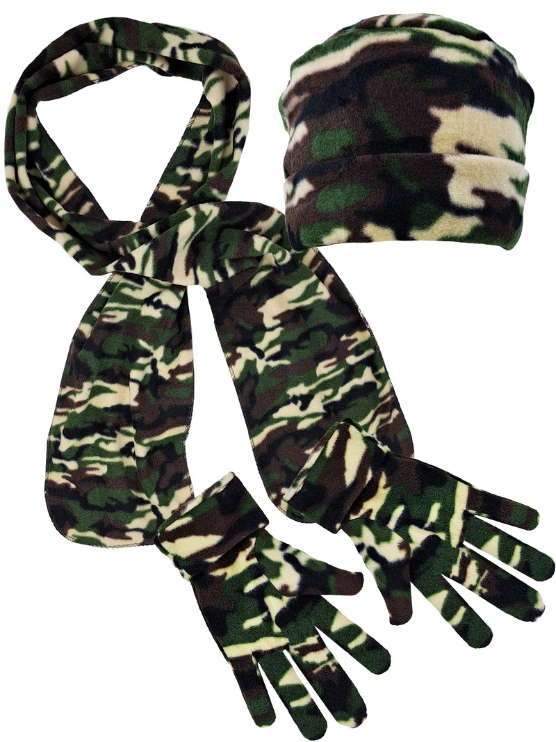 Green Camo Print Polar Fleece Scarf Glove & Hat Matching Set