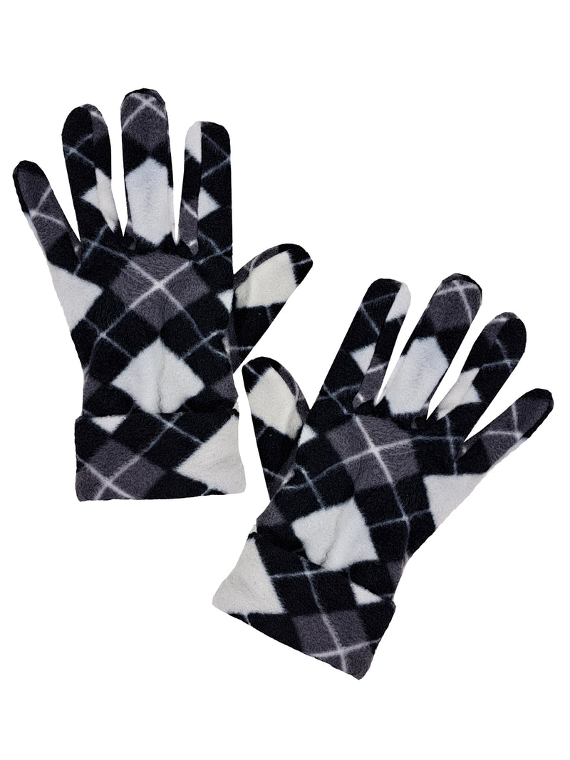 Black White Gray Argyle Print Polar Fleece Scarf Glove & Hat Set