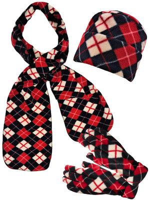 Red Black White Argyle Print Polar Fleece Scarf Glove & Hat Set