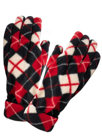 Red Black White Argyle Print Polar Fleece Scarf Glove & Hat Set
