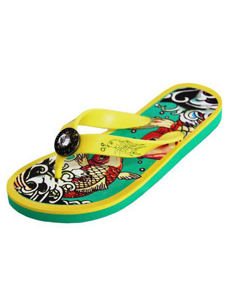 Yellow & Black Tattoo Print Thong Flip Flops