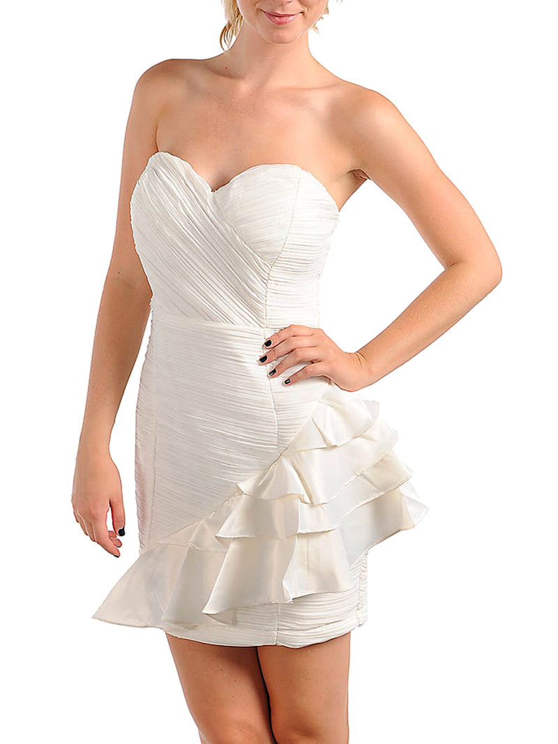 Ivory White Strapless Ruched Cocktail Dress with Ruffle Bottom Ivory White Strapless Ruched Cocktail Dress with Ruffle Bottom