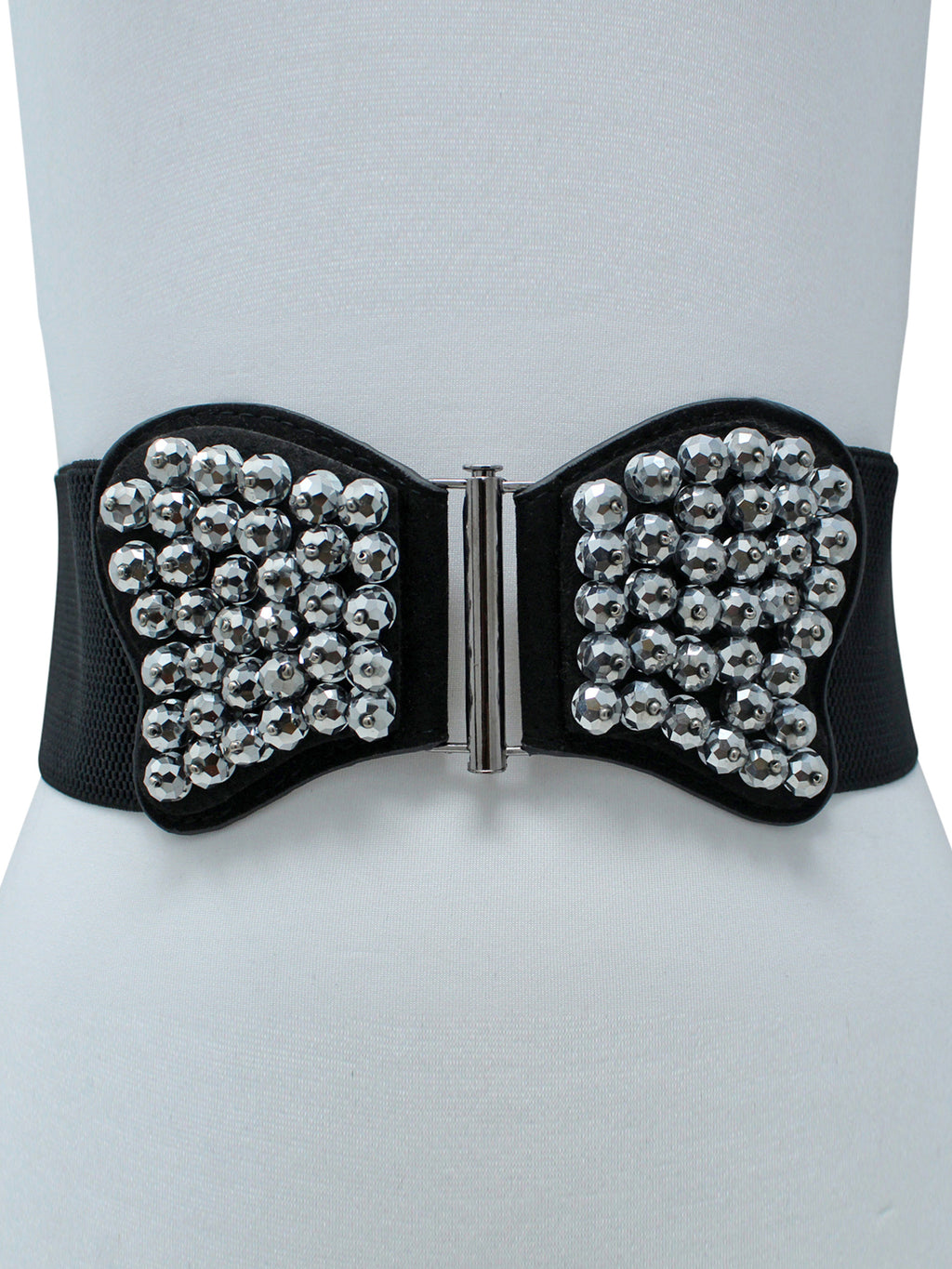 Black Elastic Waist Belt With Silver Beaded Butterfly