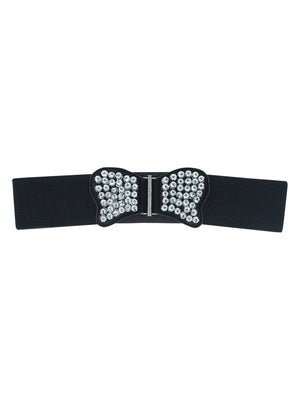 Black Elastic Waist Belt With Silver Beaded Butterfly