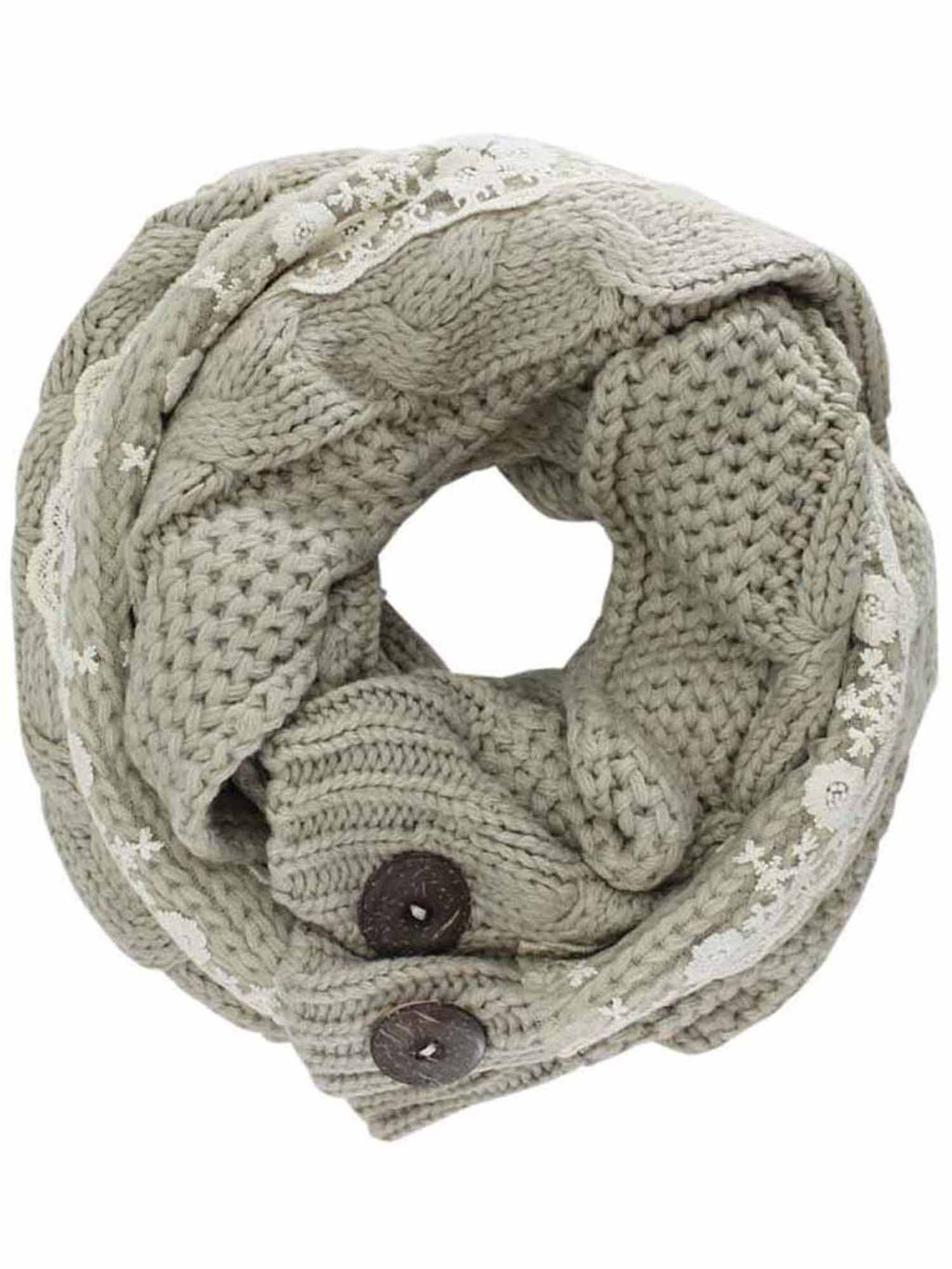 Cable Knit Scarf Neck Wrap With Lace & Button Trim