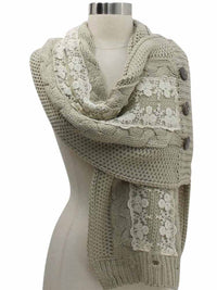 Cable Knit Scarf Neck Wrap With Lace & Button Trim