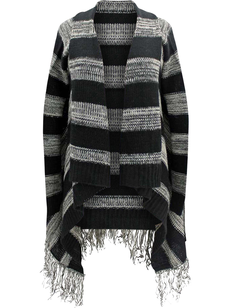 Black & Gray Stripe Fringed Sweater Jacket
