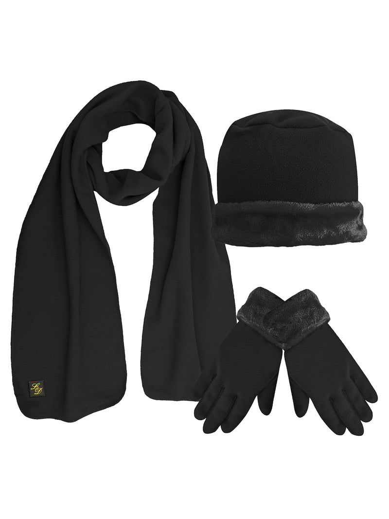 Luxury Divas Black Plush Fur Trim Fleece 3 Piece Hat Scarf & Glove Set