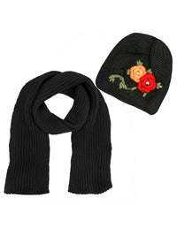 Knit 2 Piece Hat & Scarf Set With Floral Design