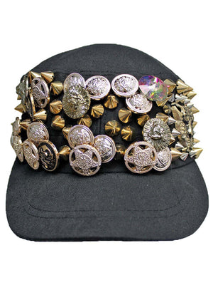 Black Cadet Cap Hat With Gold Spikes & Buttons