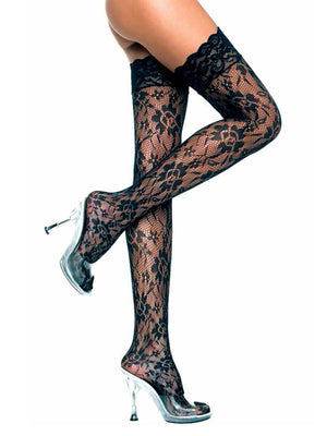 Black Floral Lace Thigh High Stockings