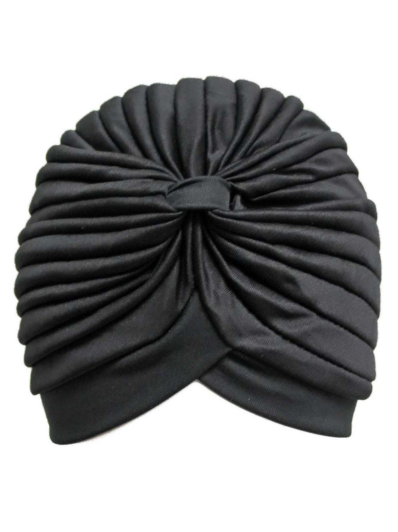 Black Spandex Pleated Turban Head Wrap For Women