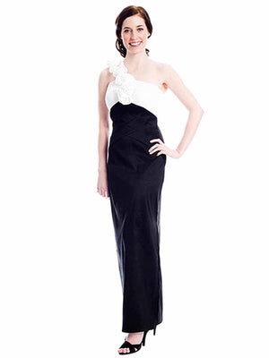 Long Taffeta Gown With Rosette Shoulder