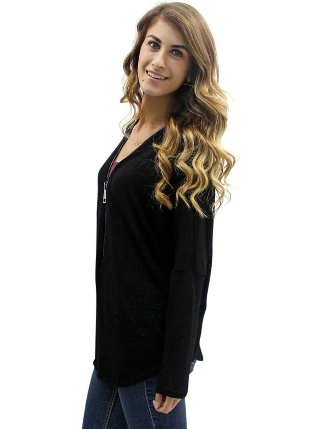 Black Sheer Zip-Up Long Sleeve Sweater Blouse