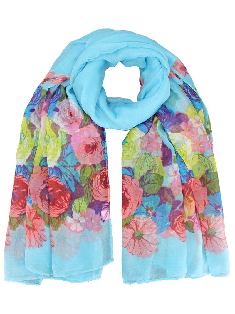 Blue Light Scarf With Colorful Floral Print