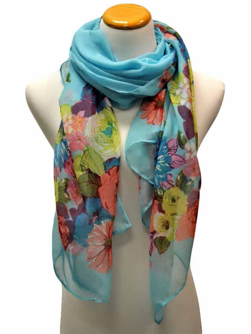 Blue Light Scarf With Colorful Floral Print