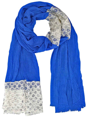 Royal Blue Solid & Lace Mixed Lightweight Scarf