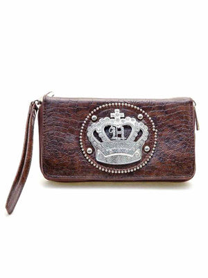 Brown Rhinestone Crown Organizer Wristlet Wallet