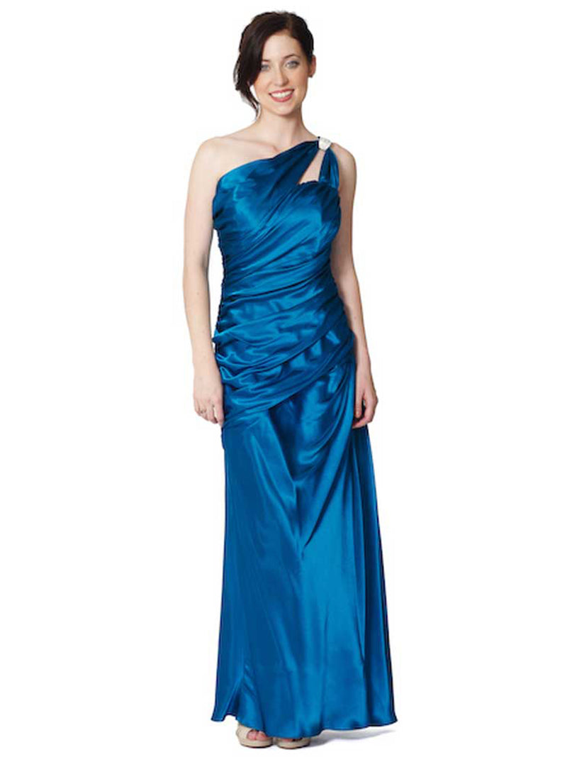 Teal Blue Satin One Shoulder Gathered Gown