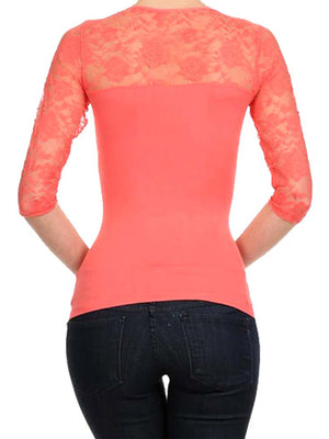 Lightweight Three Quarter Sleeve Top With Lace Trim