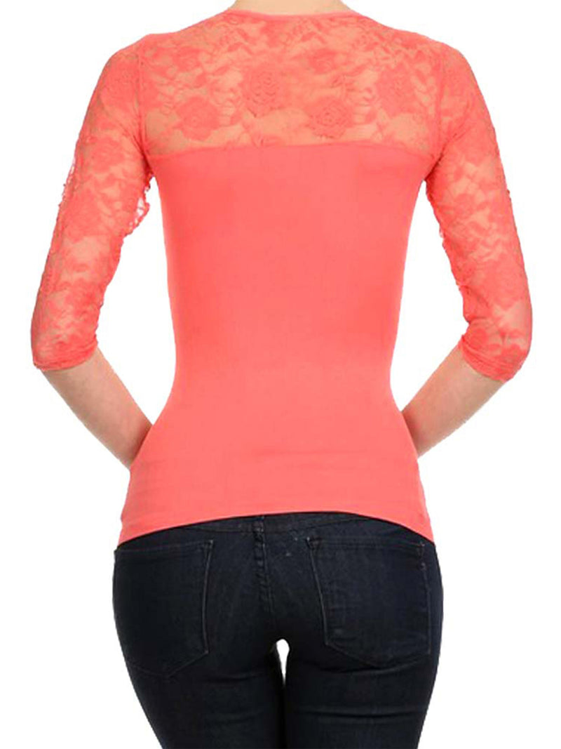 Lightweight Three Quarter Sleeve Top With Lace Trim