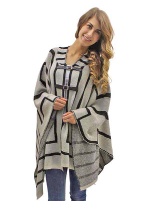 Beige & Black Thick Knit Poncho Style Shawl With Hood