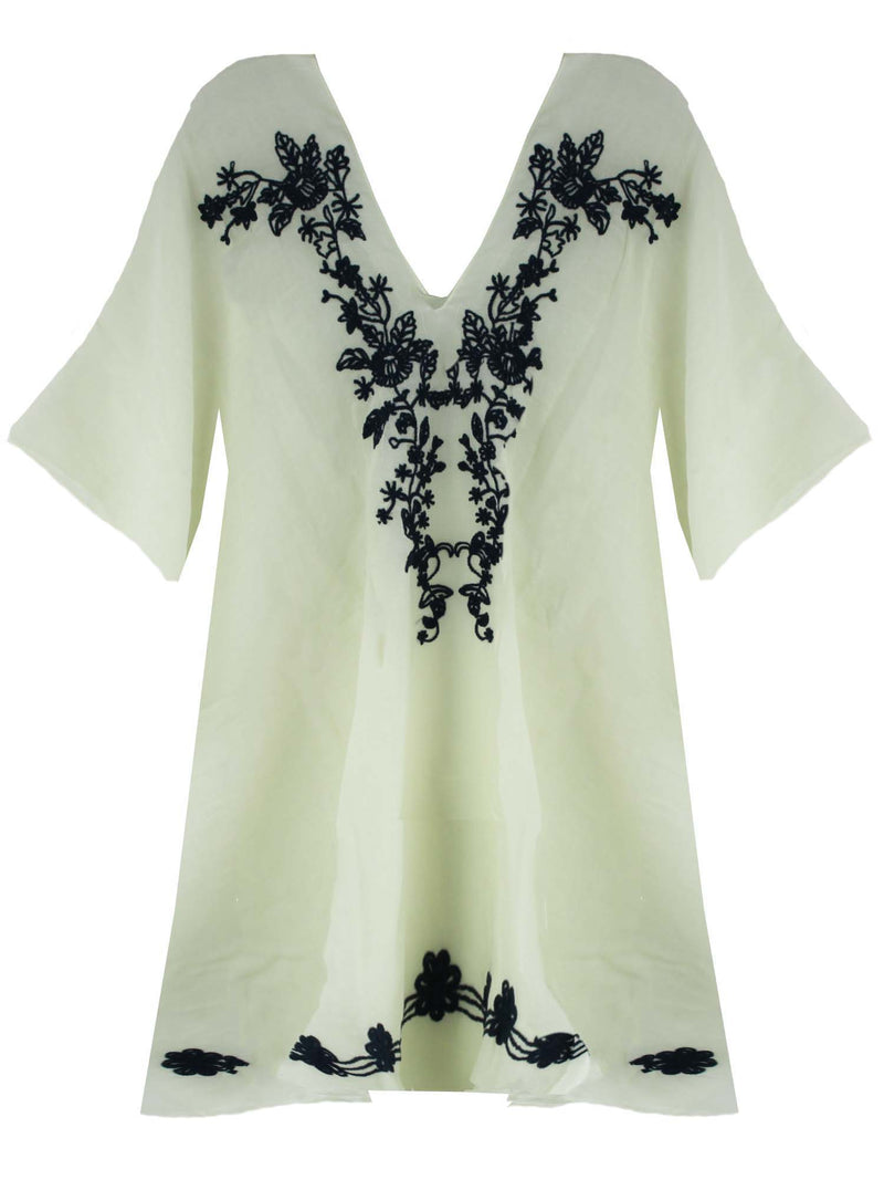 Embroidered Sheer White Beach Cover Up Tunic Top