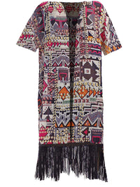 Colorful Geometric Aztec Print Kimono Cover-Up With Fringe