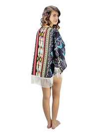 Tribal Print Lightweight Kimono Cover-Up With Fringe