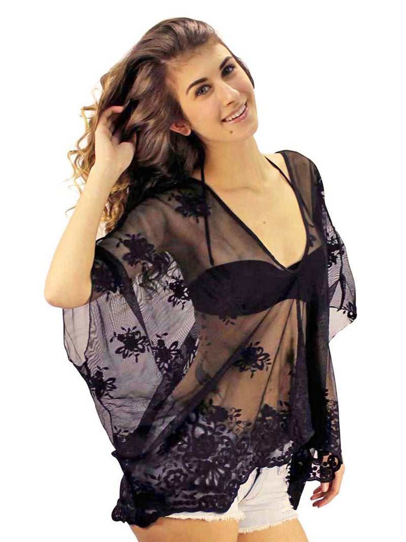 Sheer Black V-Neck Lacey Lightweight Beach Cover-Up