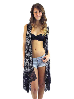 Black & White Lightweight Sleeveless Floral Lace Cover-Up