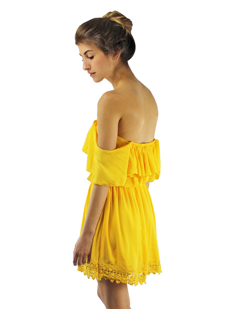 Yellow Strapless Off The Shoulder Dress With Lace Trim