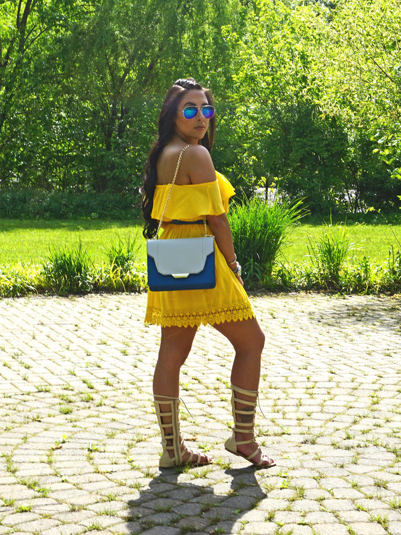 Yellow Strapless Off The Shoulder Dress With Lace Trim