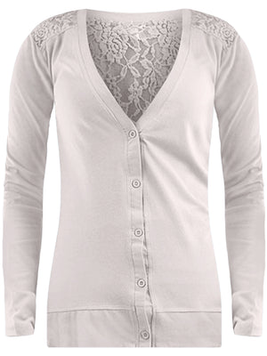 V-Neck Button Down Sweater With Sheer Lace Back