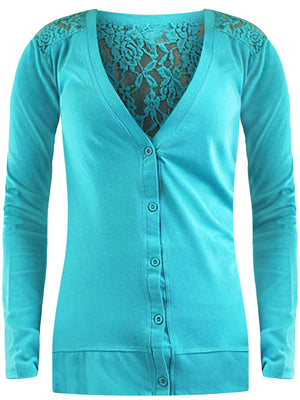 V-Neck Button Down Sweater With Sheer Lace Back