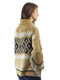 Tan Knit Turtleneck Sweater With Fringed Sleeves