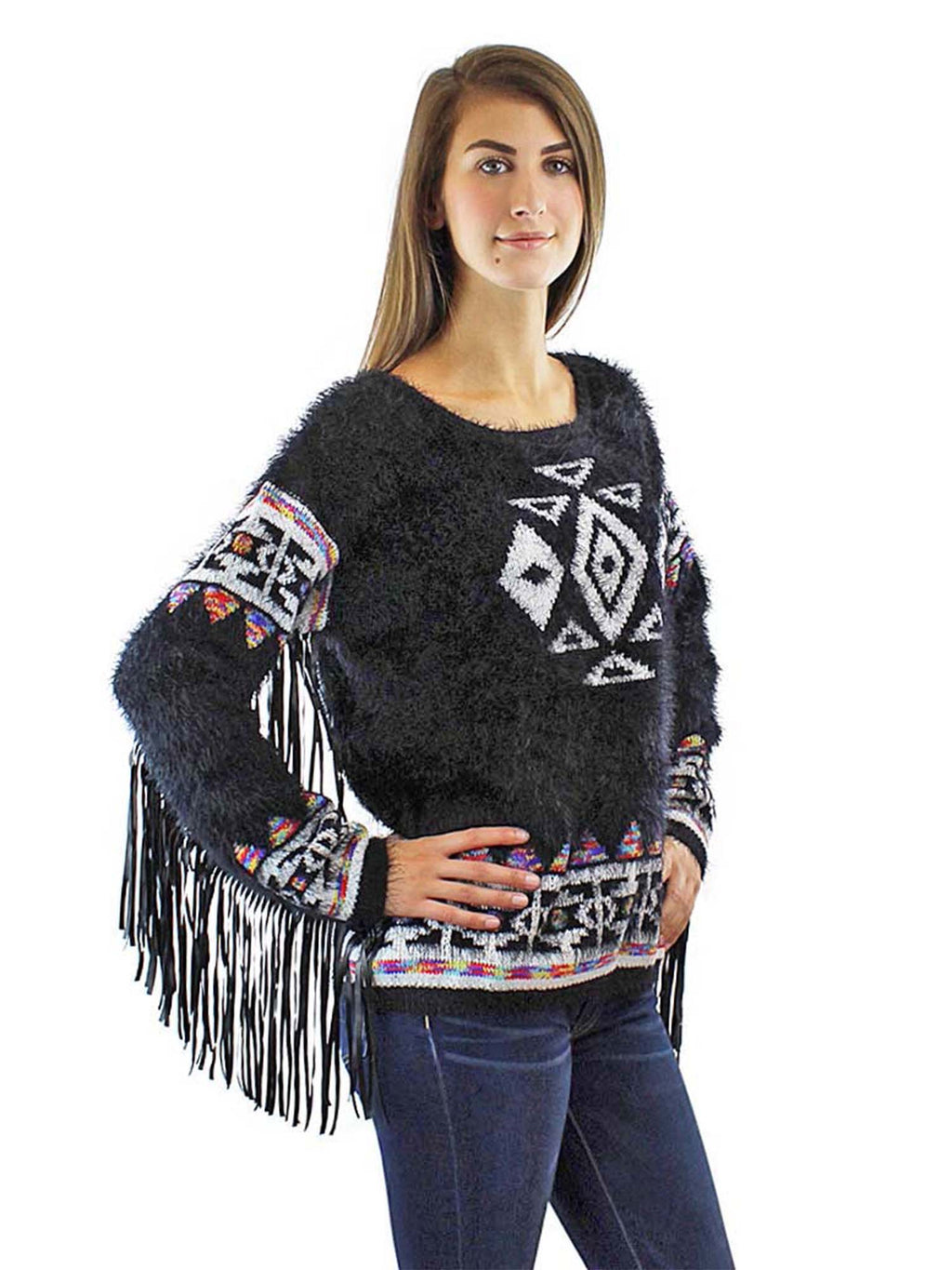 Black & White Fuzzy Knit Sweater With Fringed Sleeves