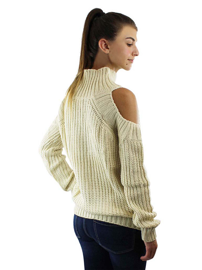 Beige Long Sleeve Cold Shoulder Pullover Sweater