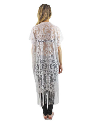Ivory Long Lace Kimono Cover Up With Fringe