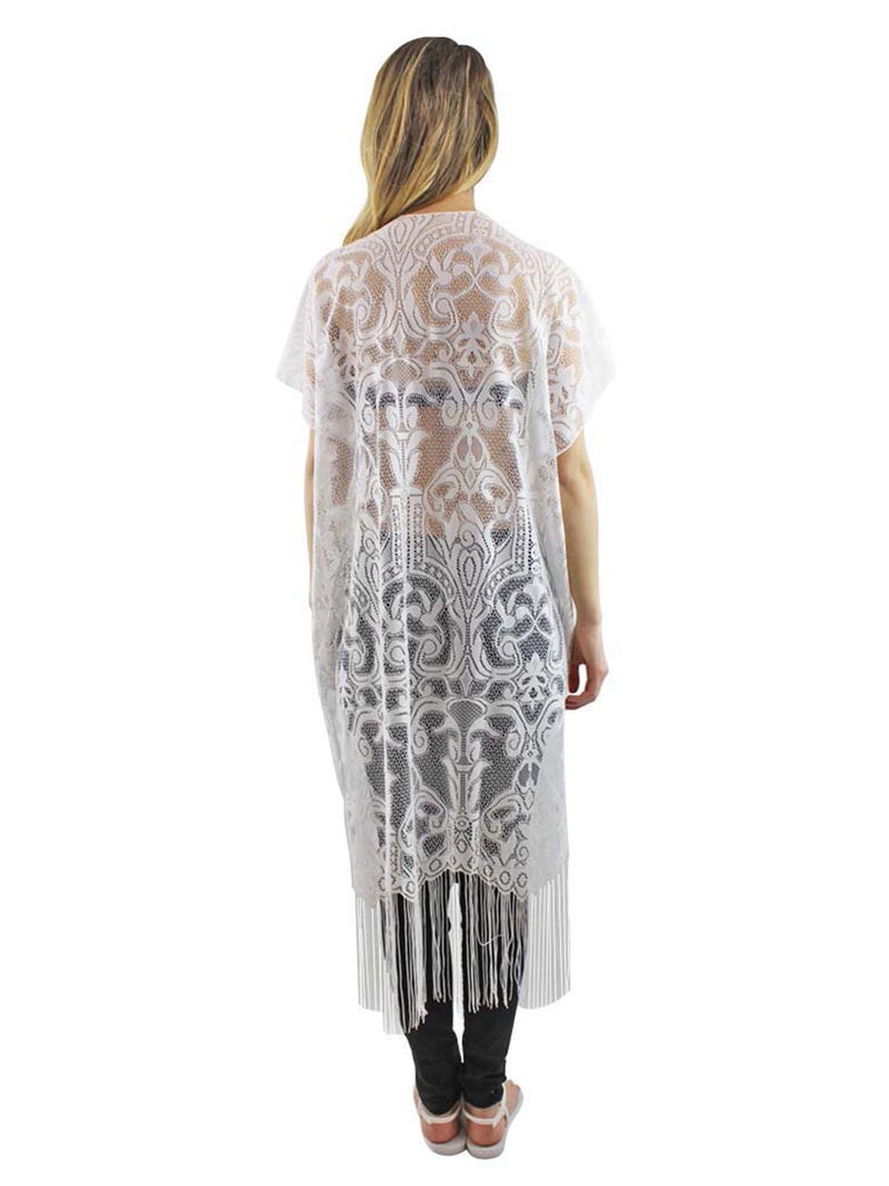 Ivory Long Lace Kimono Cover Up With Fringe