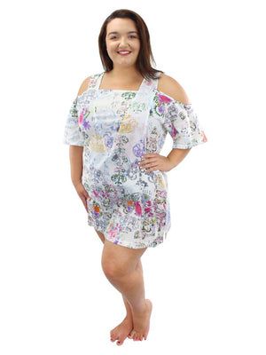 White Paisley Plus Size Cold Shoulder Sundress Cover Up