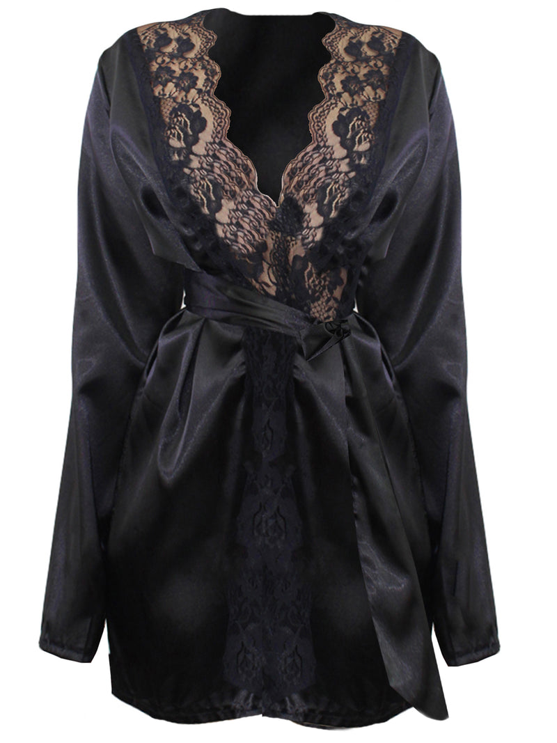 Black Satin Robe With Lace Trim
