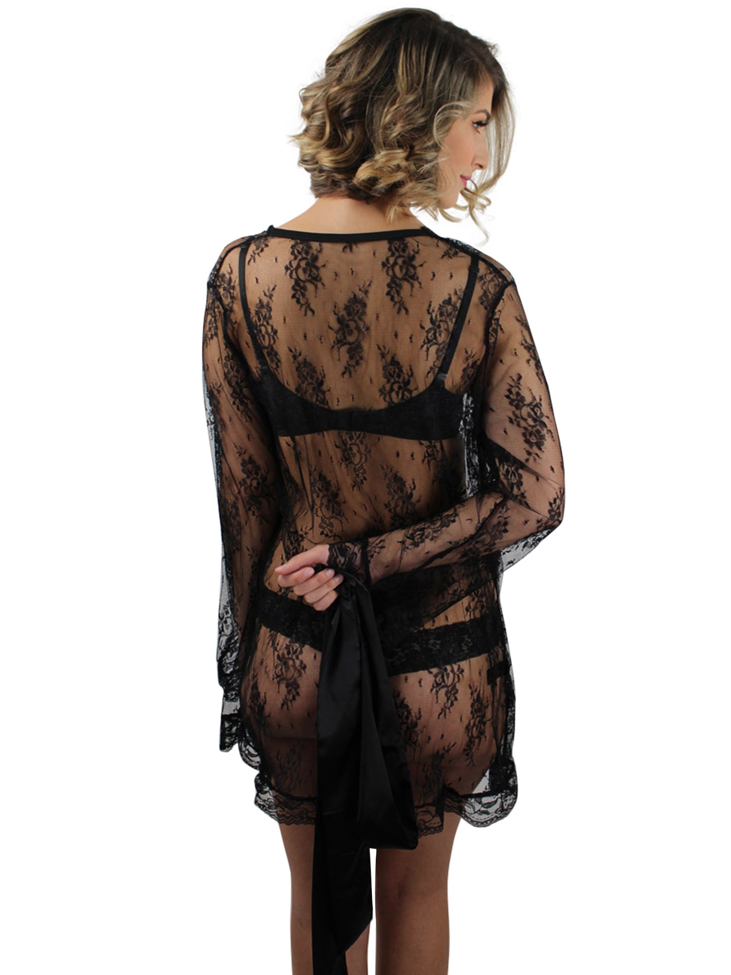 Black Sheer Lace Robe With Satin Tie – Luxury Divas