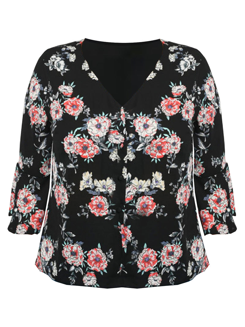 Black Floral Womens Plus Blouse With Sleeves