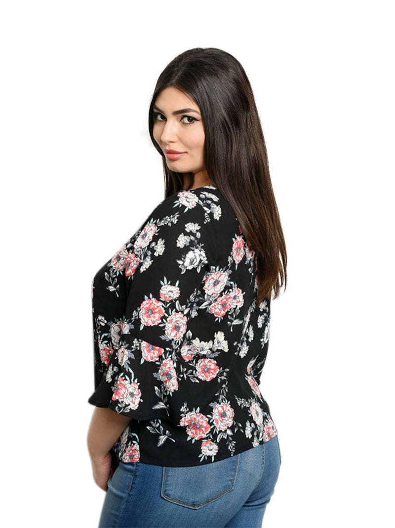 Black Floral Womens Plus Blouse With Sleeves