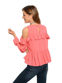 Coral Pink Womens Cold Shoulder Ruffled Tunic Top